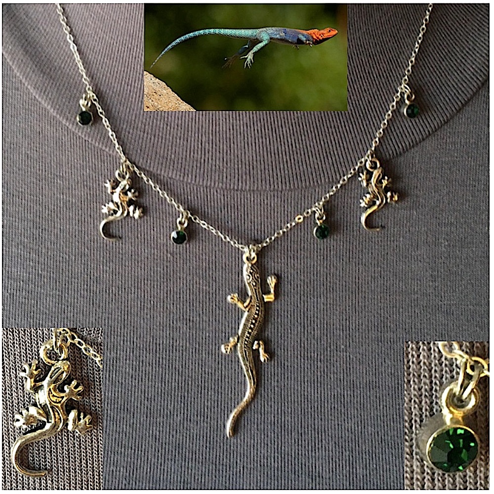 “Leaping Lizards" Handmade Silver Reptile Amphibian Necklace, Green Rhinestones
